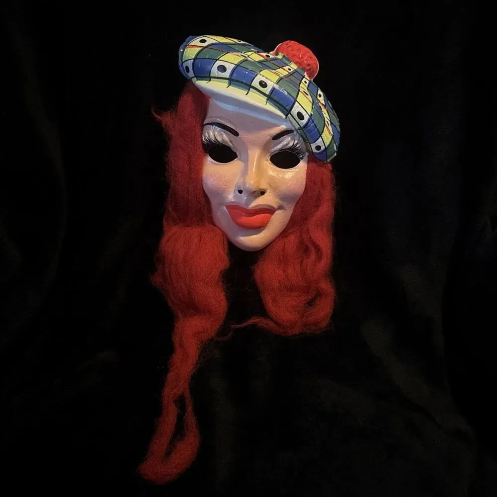 Rare Vintage Plastic Halloween MASK Beautiful Girl Red Hair Wearing Beret